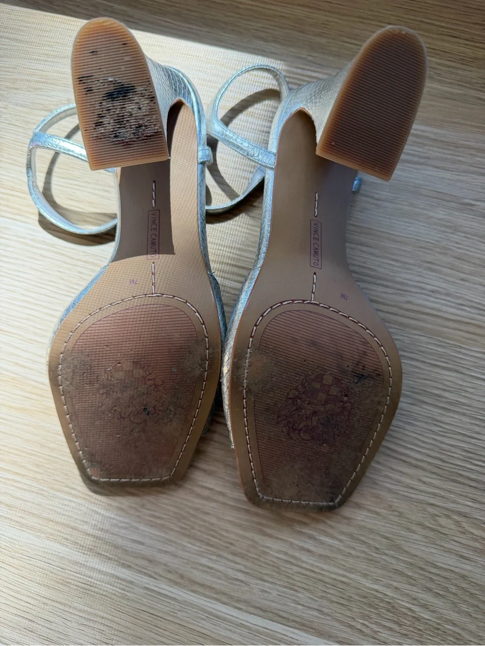 Vince Camuto Silver Textured Block Heel Sandals with Ankle Strap